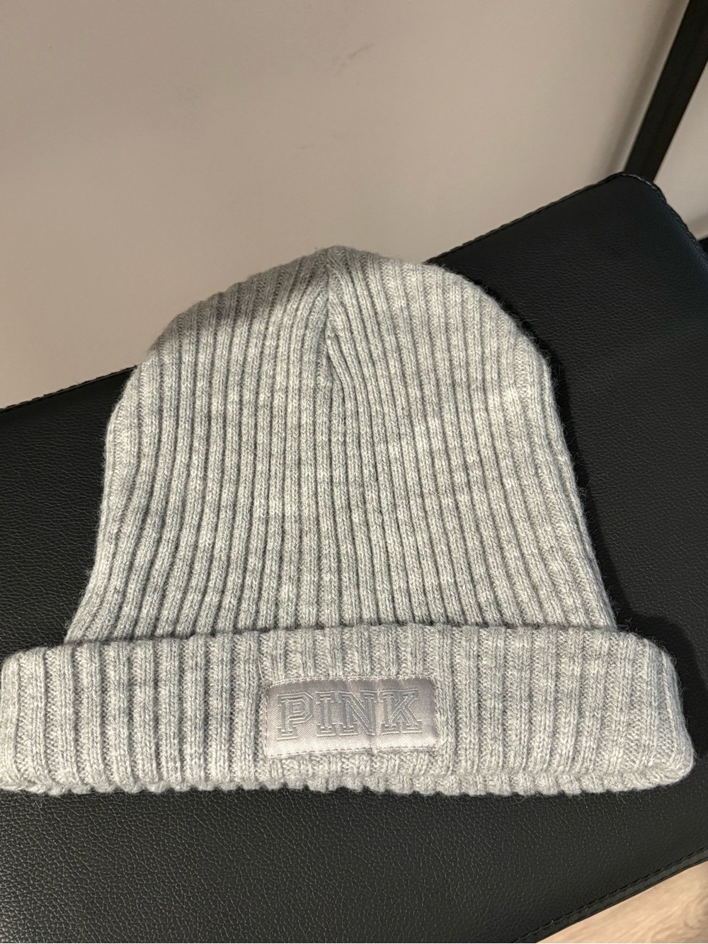 PINK Victoria's Secret Light Gray Ribbed Cuffed Beanie - Picture 1 of 1
